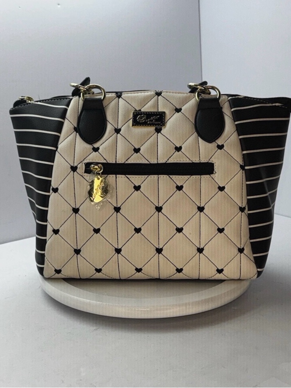 Luv Betsey by Betsey Johnson Striped Quilted Satchel Gold Hardware w/strap